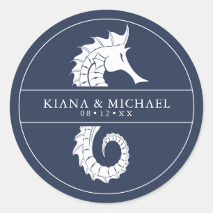 Blue Wave Seahorse Wedding Wht/Navy ID836 Classic Round Sticker