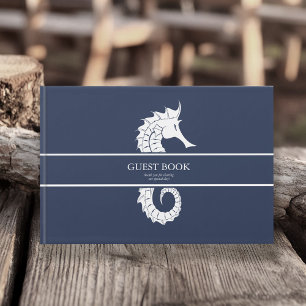 Blue Wave Seahorse Wedding Wht/Navy ID836 Guest Book