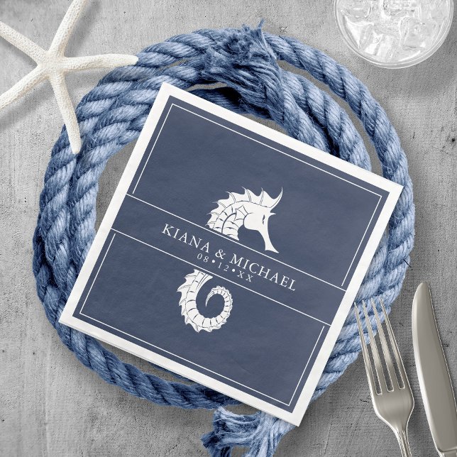 Blue Wave Seahorse Wedding Wht/Navy ID836 Napkin (Creator Uploaded)