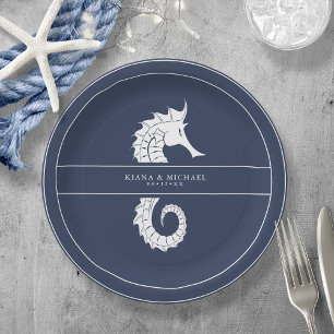 Blue Wave Seahorse Wedding Wht/Navy ID836 Paper Plate