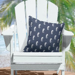 Blue Wave Seahorse Wht/Navy ID836  Cushion<br><div class="desc">Classic nautical styling with a clean,  minimalist look seahorse illustration in white on a navy blue background. Perfect for yacht club,  boat,  beachside and summer patios. Search ID836 to see other to coordinate with this design.</div>