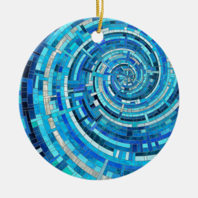Blue Wave Spiral Mosaic  Ceramic Tree Decoration (Front)