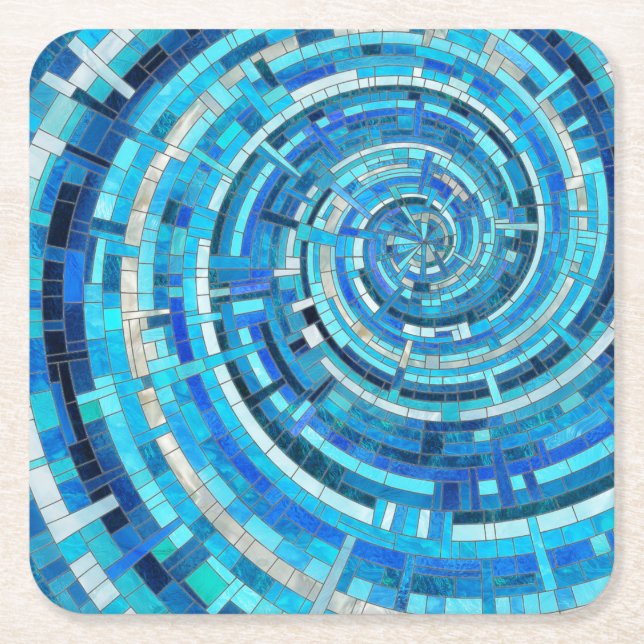Blue Wave Spiral Mosaic  Square Paper Coaster (Front)