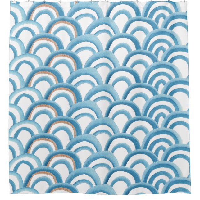 Blue wave watercolor, seamless painting. shower curtain (Front)