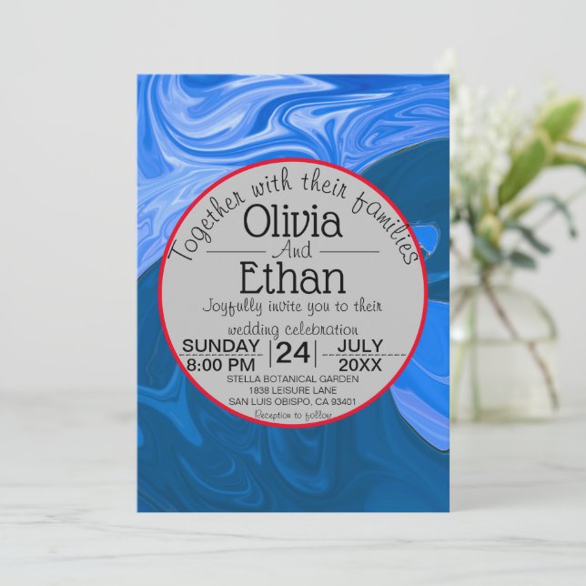 Blue waves abstract art Wedding Invitation (Standing Front)