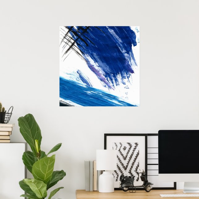 Blue waves abstract watercolor contemporary art poster (Home Office)