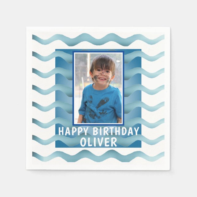 Blue Waves Boy Photo Birthday Party Napkin (Front)