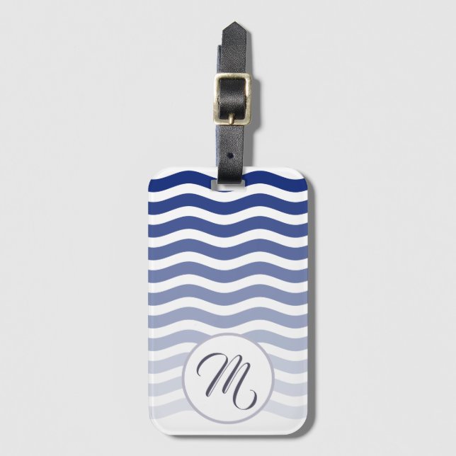 Blue Waves Gradient Pattern Elegant Monogram Luggage Tag (Front Vertical)