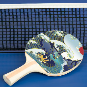 Blue Waves Green Dragon Red Sun Ping Pong Paddle
