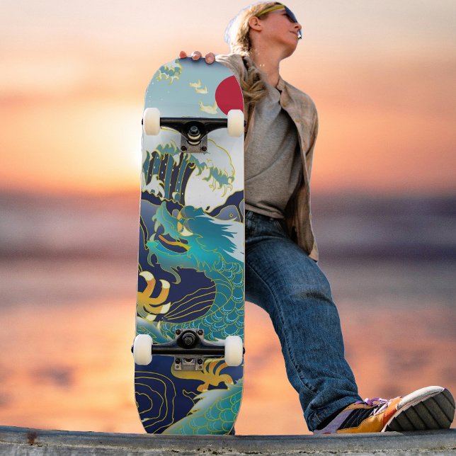 Blue Waves Green Dragon Red Sun Skateboard (Creator Uploaded)