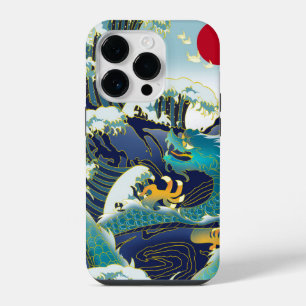 Blue Waves Green Dragon Red Sun Skateboard iPhone 14 Pro Case