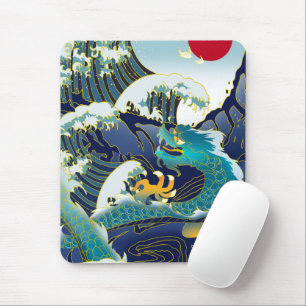 Blue Waves Green Dragon Red Sun Skateboard Mouse Mat
