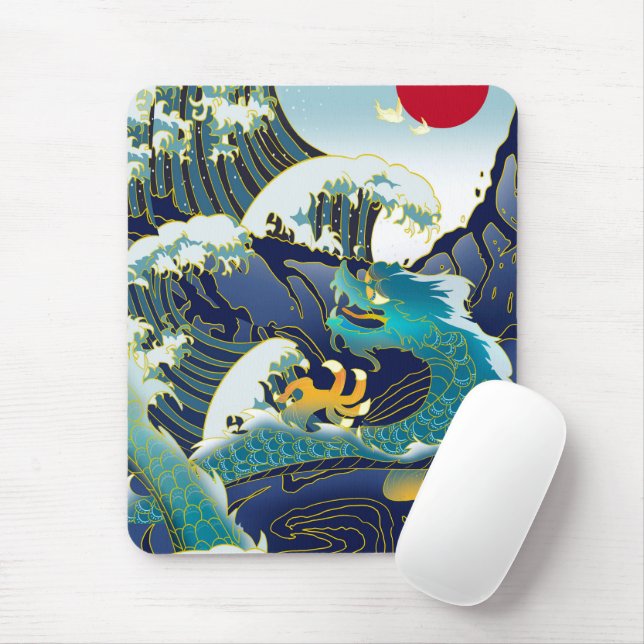Blue Waves Green Dragon Red Sun Skateboard Mouse Mat (With Mouse)