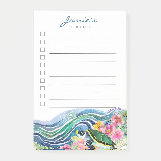 Blue Waves & Happy Turtle Custom Post-It Notes (Front)