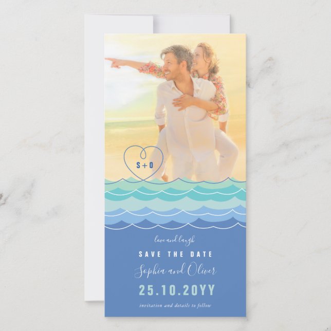 Blue Waves Loopy Heart Beach Photo Save The Date (Front)