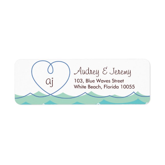 Blue Waves Loopy Heart Beach Wedding Address Label (Front)