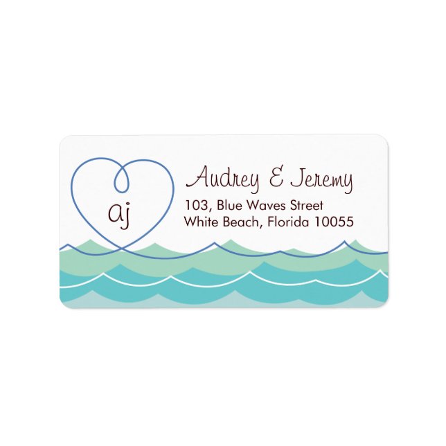 Blue Waves Loopy Heart Beach Wedding Address Label (Front)