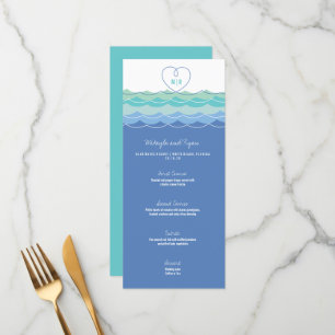 Blue Waves Loopy Love Heart Monogram Beach Wedding Menu