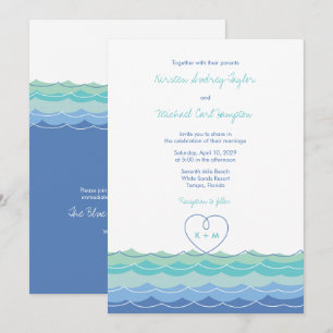Blue Waves Modern Loopy Heart Beach Wedding Invite