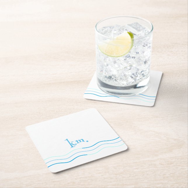 Blue Waves Monogram Square Paper Coaster (Insitu)