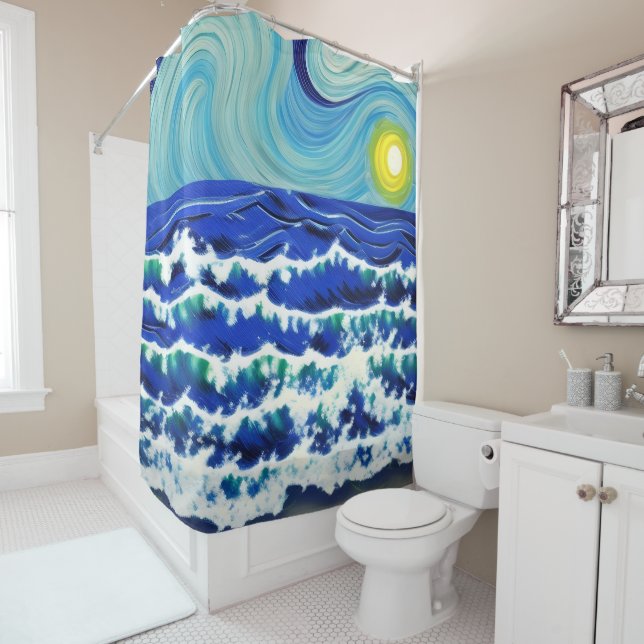 Blue Waves Moon Dancing in the Ocean Shower Curtain (In Situ)