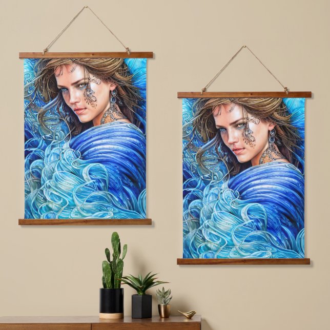 Blue Waves Ocean Goddess Fantasy Art Hanging Tapestry (Asymmetrical)