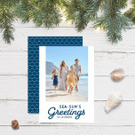 Blue Waves Sea-Sun's Greetings Photo Holiday Card<br><div class="desc">Blue Waves Sea-Sun's Greetings Photo holiday card has blue wave pattern back side. Personalise it by replacing the placeholder text and replace the placeholder image with your own photo. For more options such as to change the font and it's size/colour or the spacing between letters click the "Customise" button. *Please...</div>