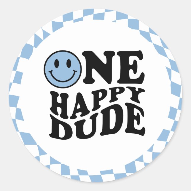 Blue Wavy Chequered Preppy Smile One Happy Dude Classic Round Sticker (Front)