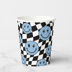 Blue Wavy Chequered Retro Preppy Smile Birthday Paper Cups