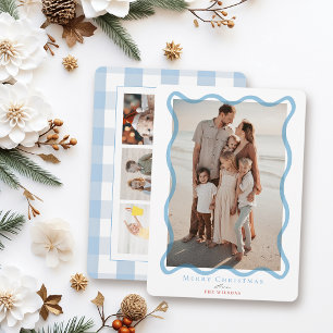 Blue Wavy Frame 4 Photos Christmas Holiday Card