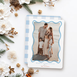 Blue Wavy Frame Photo Christmas Holiday Card