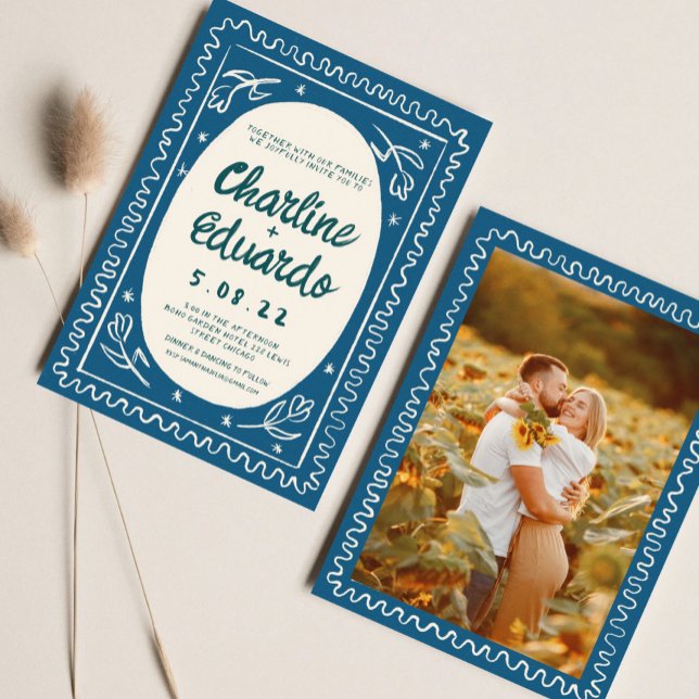 Blue Wavy Handwritting Modern Wedding  Invitation (Creator Uploaded)