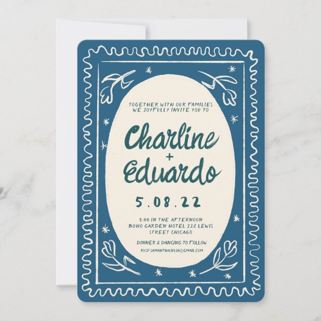 Blue Wavy Handwritting Modern Wedding  Invitation (Front)