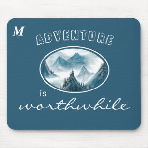 Blue Wavy Mountain Monogram Inspiring Quote Mouse Mat