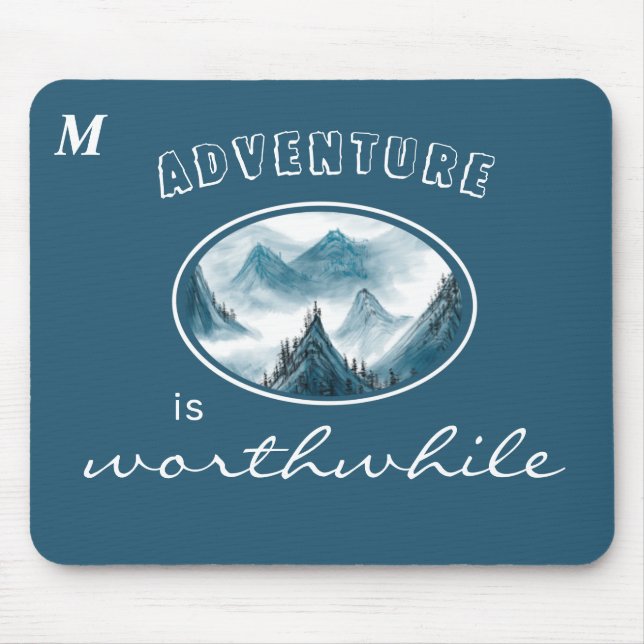 Blue Wavy Mountain Monogram Inspiring Quote Mouse Mat (Front)