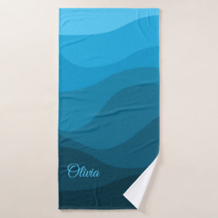 Blue wavy ocean retro style waves design bath towel set