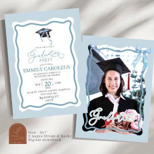 Blue Wavy Retro Graduation With Photo Invitation