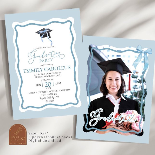 Blue Wavy Retro Graduation With Photo Invitation (Creator Uploaded)