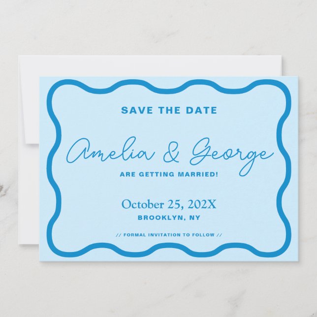 Blue Wavy Retro Save The Date (Front)