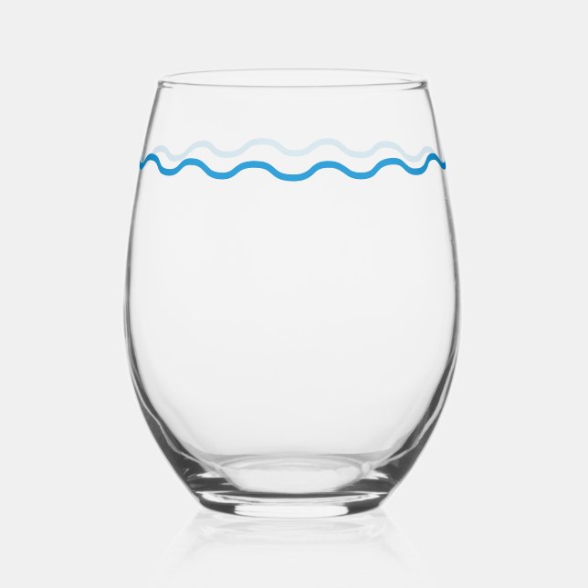 Blue Wavy Retro Stemless Wine Glass (Front)