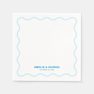 Blue Wavy Retro Wedding Cocktail Napkin