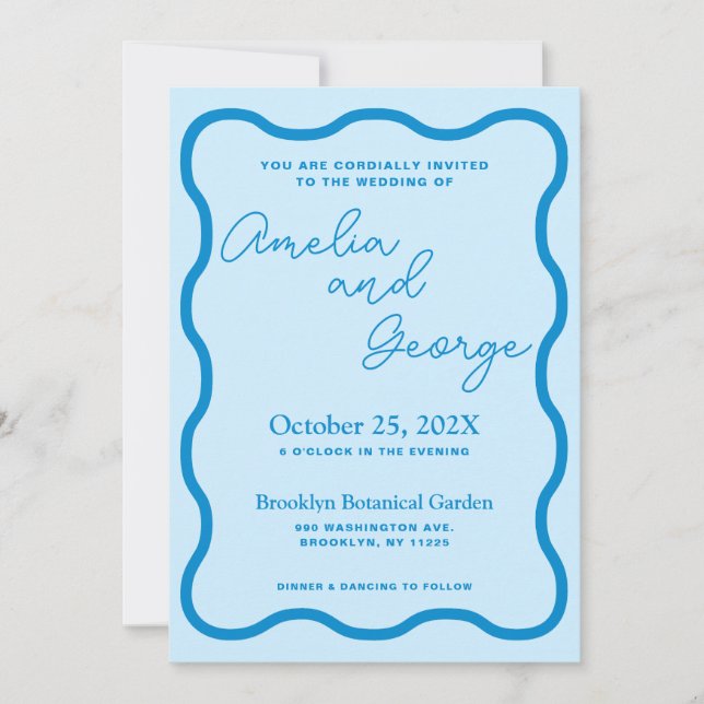 Blue Wavy Retro Wedding Invitation (Front)
