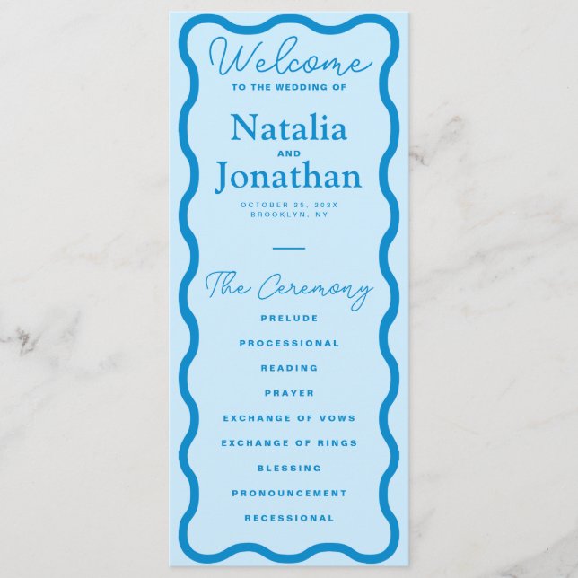 Blue Wavy Retro Wedding Programme (Front)