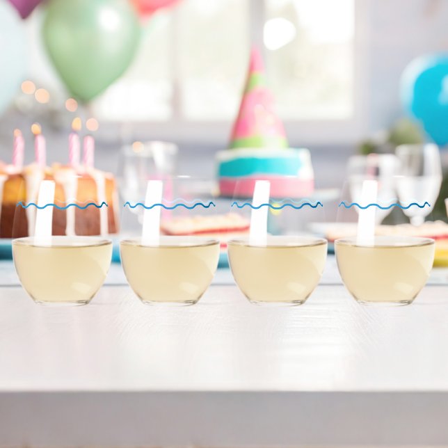 Blue Wavy Retro Wedding Stemless Wine Glass (Insitu (Birthday))