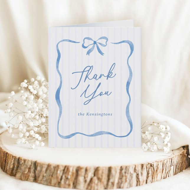 Blue Wavy Ribbon Bow Baby Shower Thank You Card (baby shower thank you card with blue painted bow and wavy ribbon)