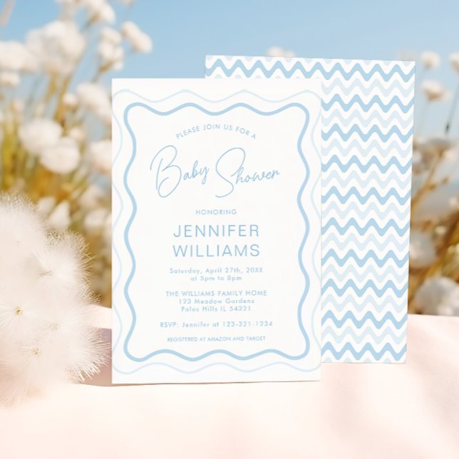 Blue Wavy Scallop Frame Baby Boy Shower Invitation (Creator Uploaded)