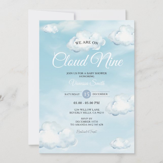 Blue We Are On Cloud Nine Blue Baby Shower Invitation (Front)