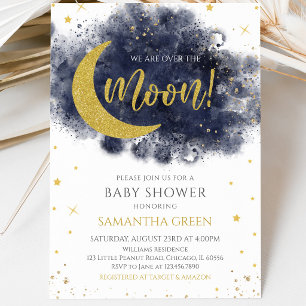 Blue We are Over the Moon Baby Shower Invitation