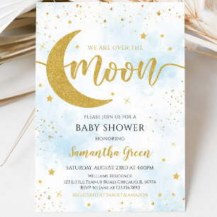 Blue We are Over the Moon Baby Shower Invitation