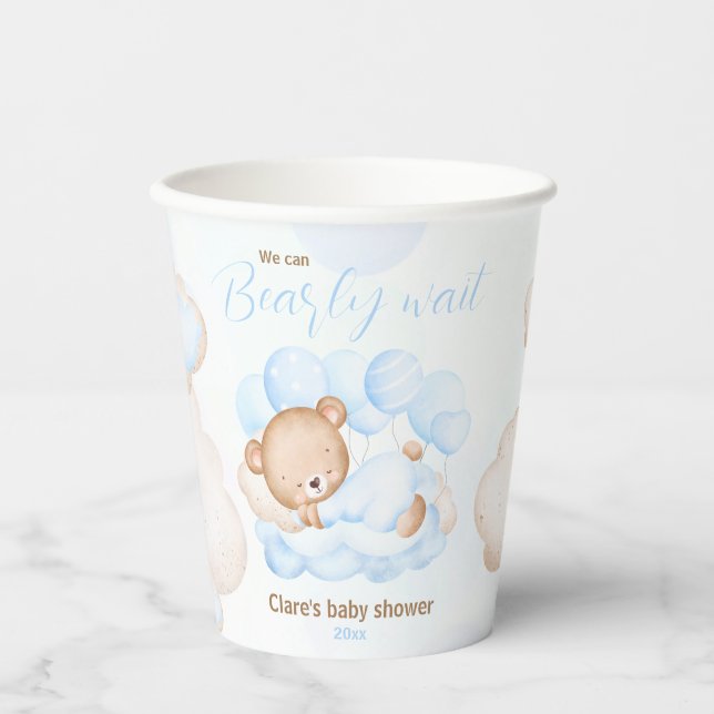 Blue We Can Bearly Wait Baby Shower Paper Cups (Front)